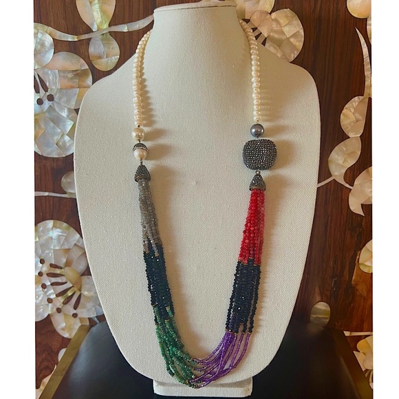 Multi-color, Elegant Pearl and Multi-strand Semi-Precious Stone Necklace